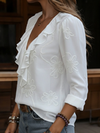 CELESTINE | VINTAGE BLOEMEN GEBORDUURDE RUFFEL V-HALS SHIRT