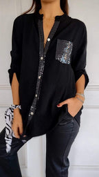 VERITY | SHIRT MET PAILLETTENAFWERKING EN KNOPEN
