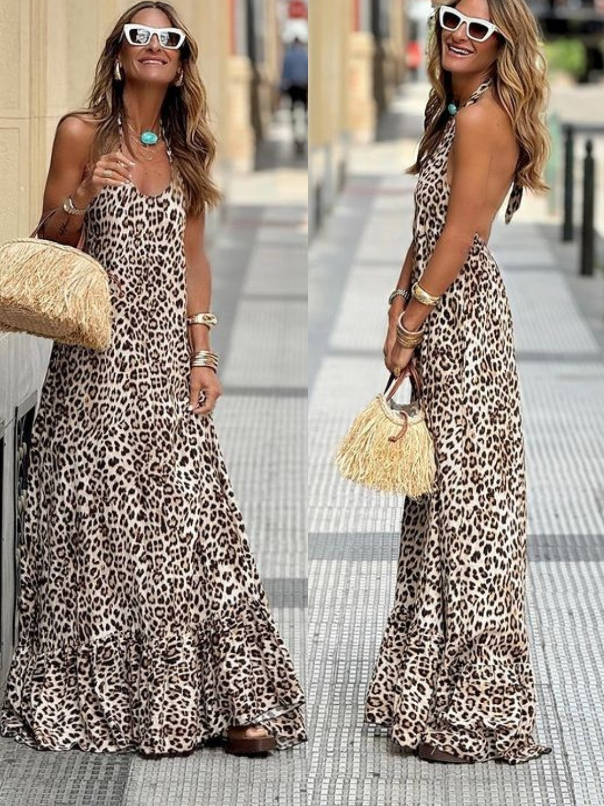 ROWENA | LEOPARD PRINT HALTERNECK BACKLESS MAXI JURK