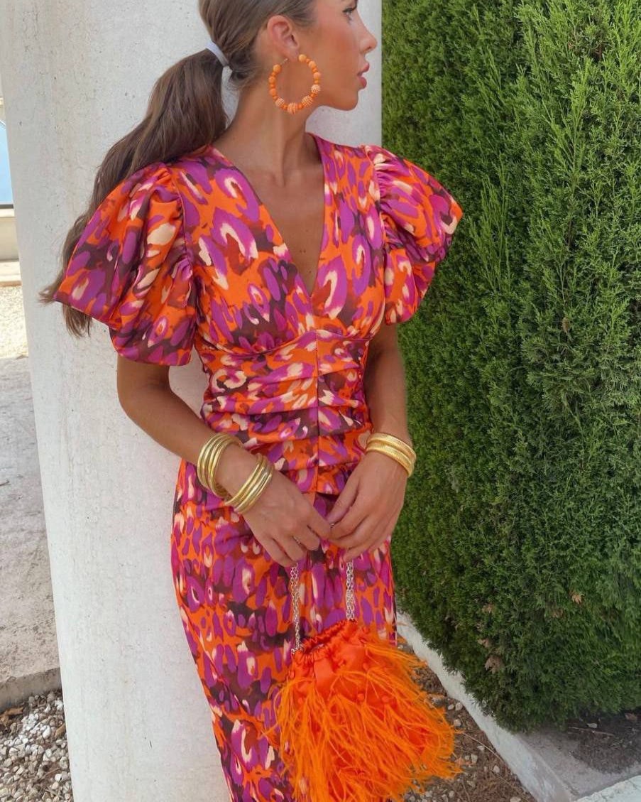 Marina | Elegante Midi-jurk met Pofmouwen