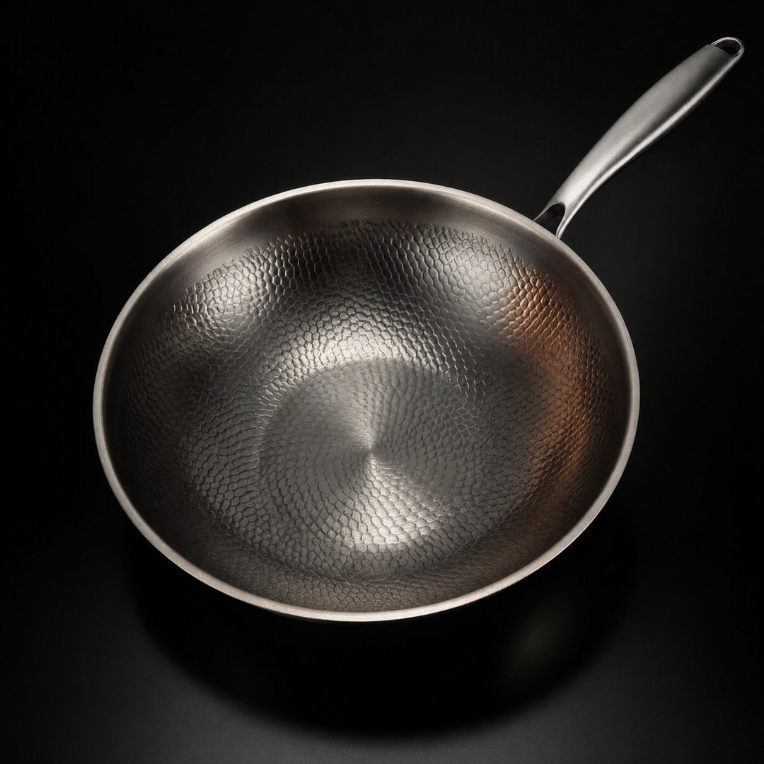 Gehamerde Titanium wokpan met vlakke bodem