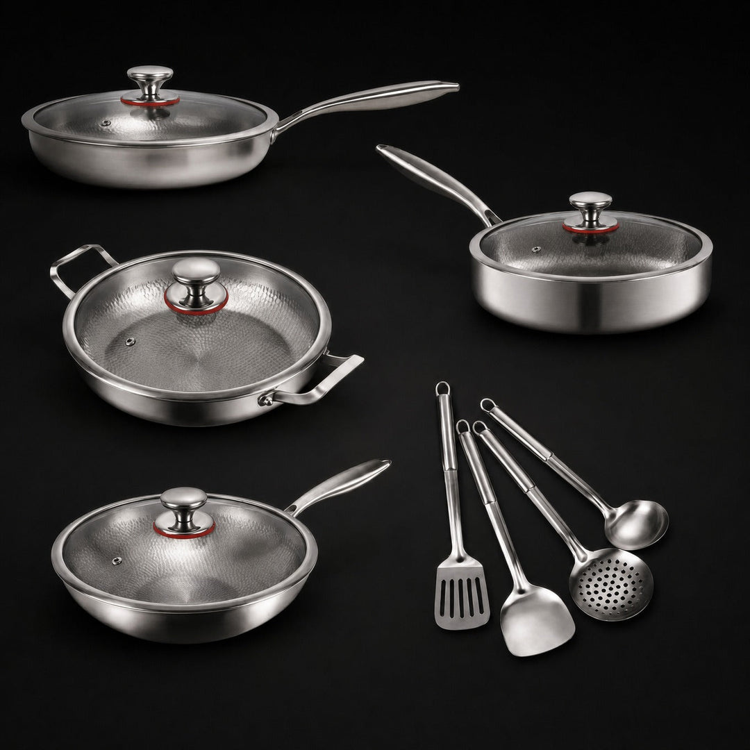 Gehamerde Titanium familieset: 4 pannen & keukengerei