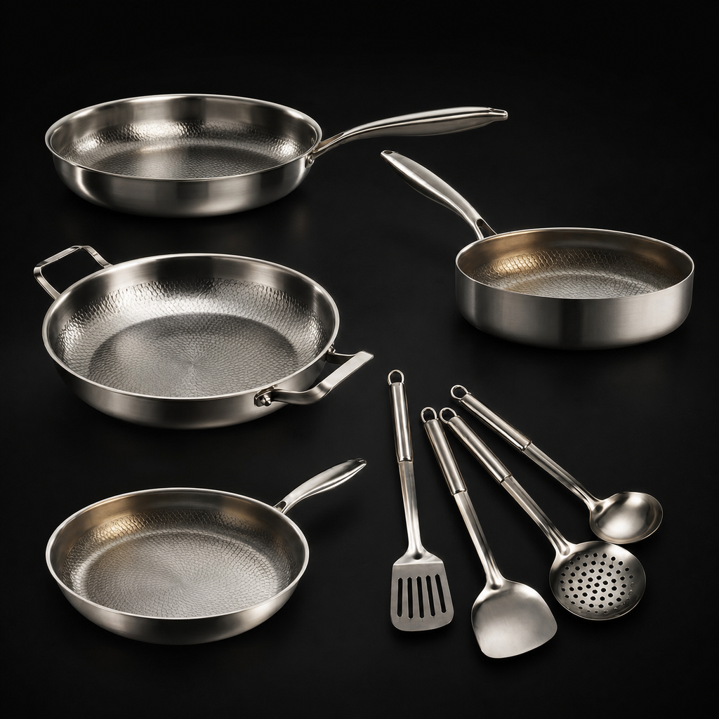 Gehamerde Titanium familieset: 4 pannen & keukengerei