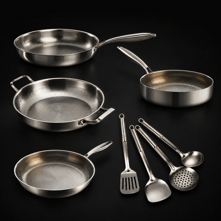 Gehamerde Titanium familieset: 4 pannen & keukengerei