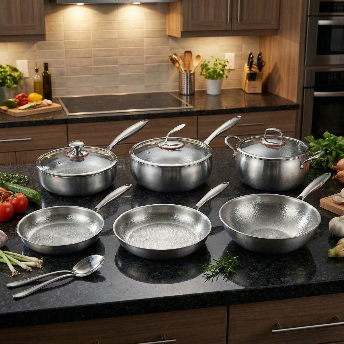 Gehamerde Titanium Keukenset met 3 Deksels (25, 28 & 30 cm)