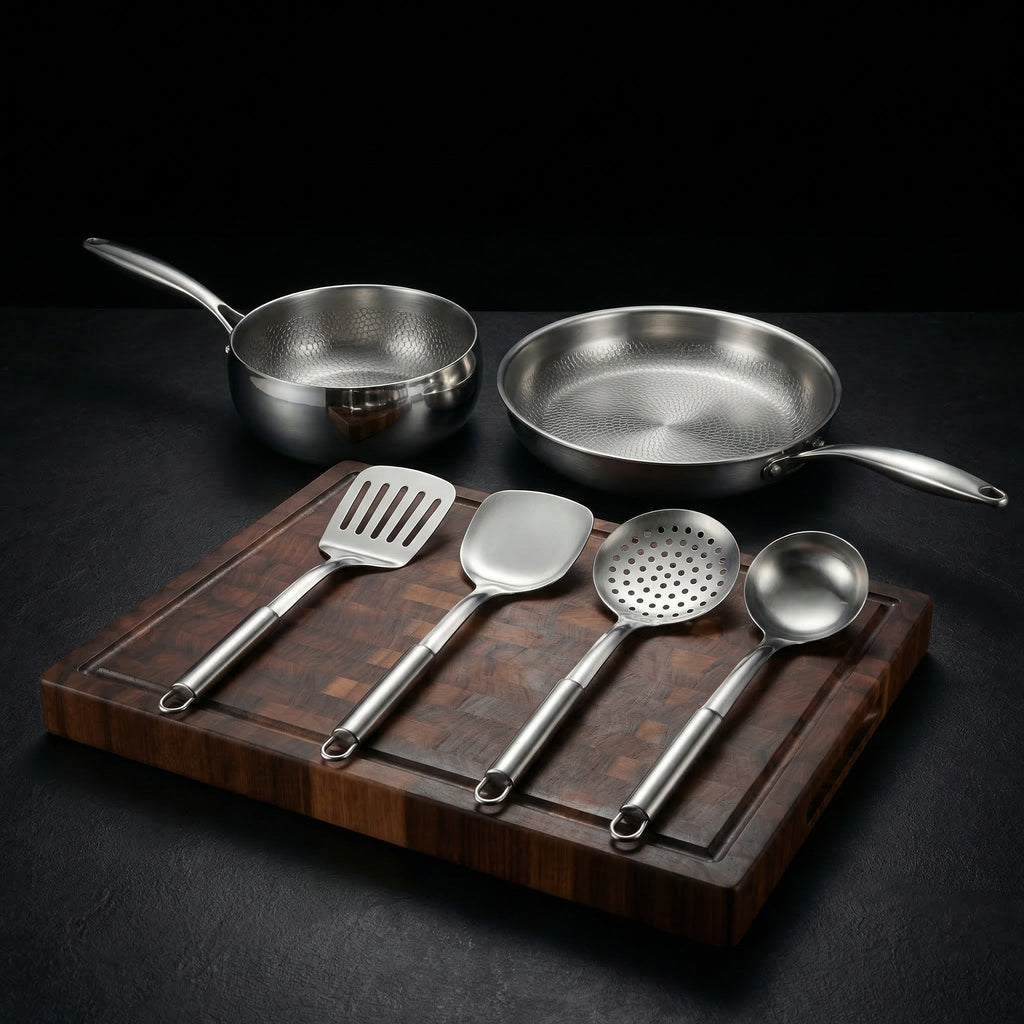 Gehamerde Titanium Pannen- & Hapjesset met Walnotenhouten Plank en Keukengerei